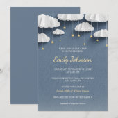 Whimsical Denim Blue Baby shower Invitation Kaart (Voorkant / Achterkant)
