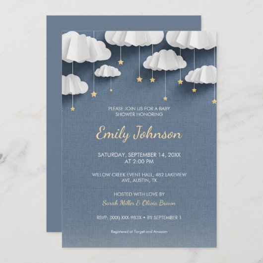 Whimsical Denim Blue Baby shower Invitation Kaart (Voorkant / Achterkant)