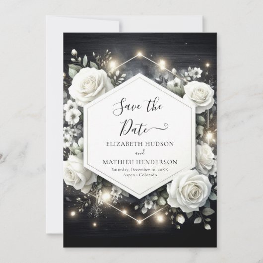 Whimsical Digital White Roses Wedding Save The Date (Voorkant)