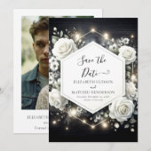 Whimsical Digital White Roses Wedding Save The Date (Voorkant / Achterkant)