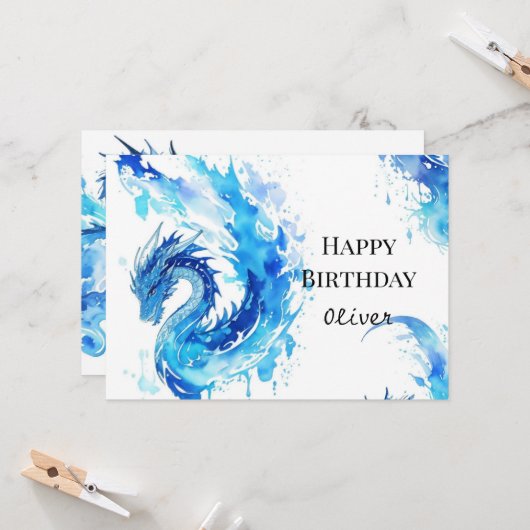 Whimsical digitale draak verjaardag kaart (Voorkant / Achterkant in situ)