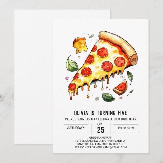 Whimsical digitale pizza verjaardag kaart (Voorkant / Achterkant)