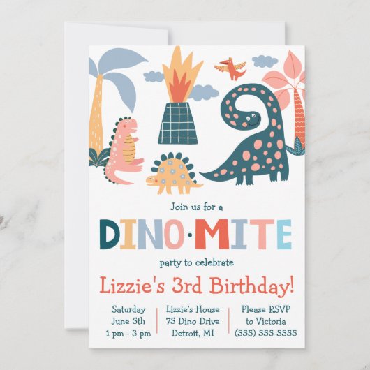 Whimsical Dino-Mite Dinosaur Thmed Birthday Party Kaart (Voorkant)