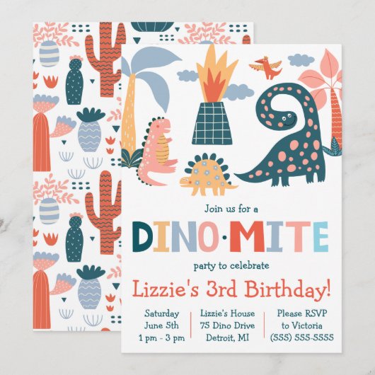 Whimsical Dino-Mite Dinosaur Thmed Birthday Party Kaart (Voorkant / Achterkant)