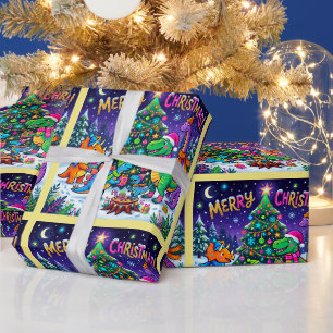 Whimsical Dino Town Kerstmis Cadeaupapier
