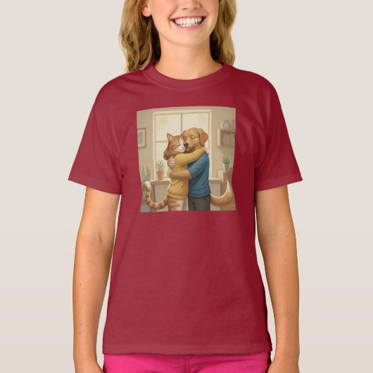 Whimsical Dog and Cat Hug Girls' T-Shirt (Voorkant)