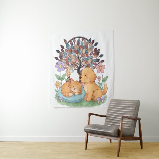Whimsical Dog & Cat Tapestry – Colorful Nature Wal Wandkleed (In situ)