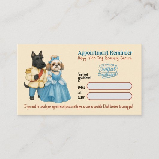 Whimsical Dog Grooming Appointment Reminder Card Visitekaartje (Voorkant)