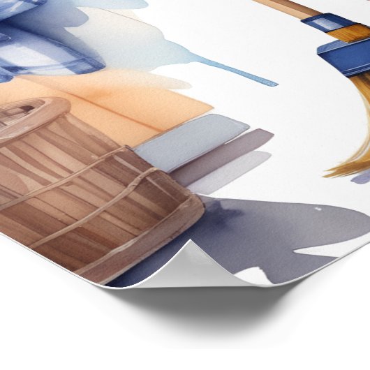 Whimsical Dog in Pajamas Doing Laundry Poster (Hoek)