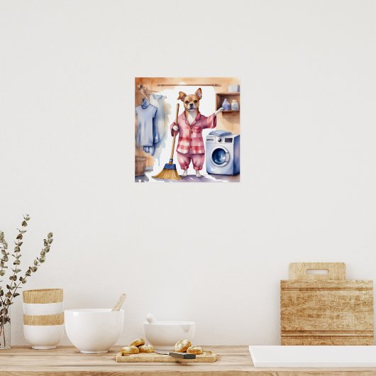 Whimsical Dog in Pajamas Doing Laundry Poster (Keuken)