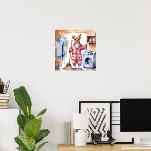 Whimsical Dog in Pajamas Doing Laundry Poster
