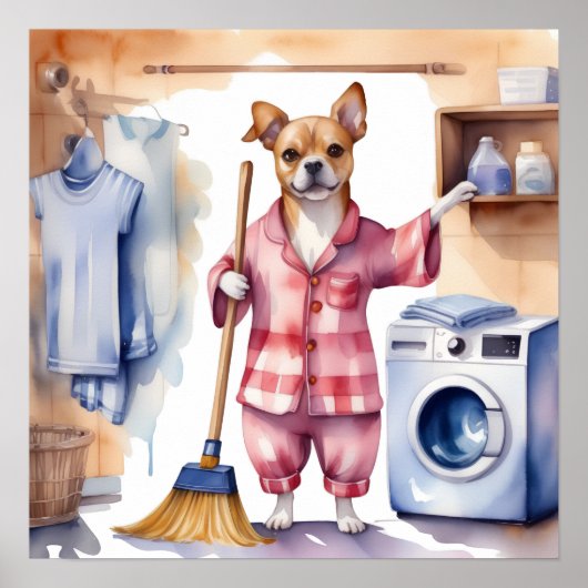 Whimsical Dog in Pajamas Doing Laundry Poster (Voorkant)