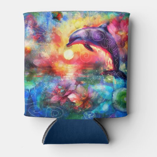 Whimsical Dolphin Coastal Nautical Floral Blauwgro Blikjeskoeler (Voorkant)