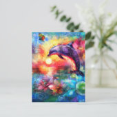 Whimsical Dolphin Coastal Nautical Floral Blauwgro Briefkaart (Staand voorkant)