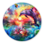 Whimsical Dolphin Coastal Nautical Floral Blauwgro Keramische Knop (Voorkant)