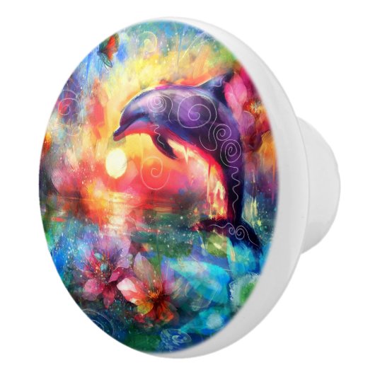 Whimsical Dolphin Coastal Nautical Floral Blauwgro Keramische Knop (Rechts)