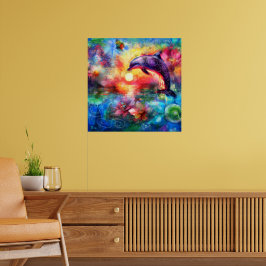 Whimsical Dolphin Coastal Nautical Floral Blauwgro Poster