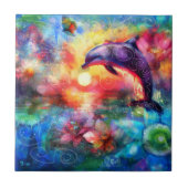 Whimsical Dolphin Coastal Nautical Floral Blauwgro Tegeltje (Voorkant)