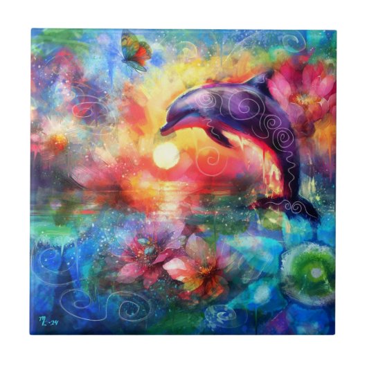 Whimsical Dolphin Coastal Nautical Floral Blauwgro Tegeltje (Voorkant)