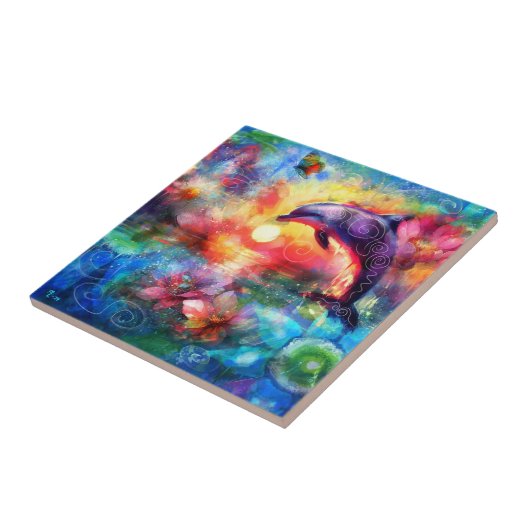 Whimsical Dolphin Coastal Nautical Floral Blauwgro Tegeltje (Zijkant)