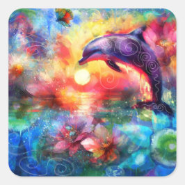Whimsical Dolphin Coastal Nautical Floral Blauwgro Vierkante Sticker