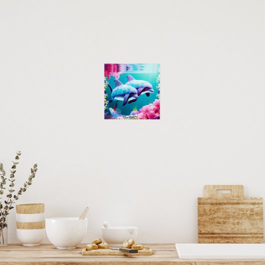 Whimsical Dolphins en Floral Underwater Poster (Keuken)