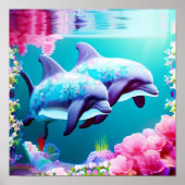 Whimsical Dolphins en Floral Underwater Poster (Voorkant)