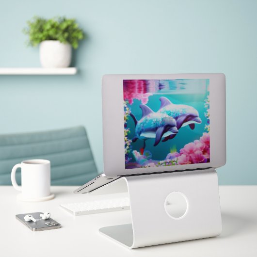 Whimsical Dolphins en Floral Underwater Sticker (Laptop op bureau)