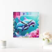Whimsical Dolphins en Floral Underwater Vierkante Klok (Huis)
