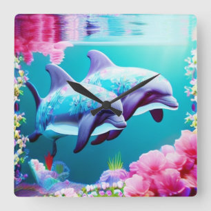 Whimsical Dolphins en Floral Underwater Vierkante Klok