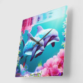 Whimsical Dolphins en Floral Underwater Vierkante Klok (Hoek)
