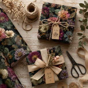 Whimsical Donker Somber Boho Bloemig Roze en Groen Cadeaupapier