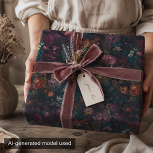 Whimsical Donkere Stemming Boho Bloemendecoupage Cadeaupapier