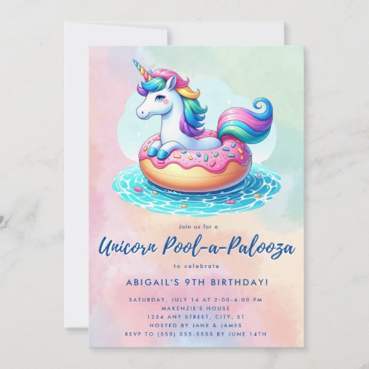 Whimsical Donut Rainbow Unicorn Pool Party Kaart (Voorkant)