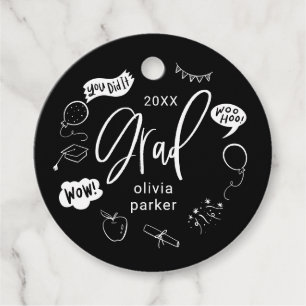 Whimsical Doodle Afstudeerder Party Black Favoriet Bedankjes Labels