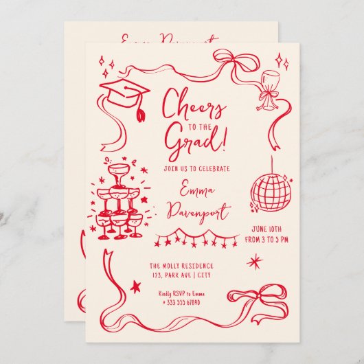 Whimsical doodle Afstudeerfeest Kaart (Voorkant / Achterkant)