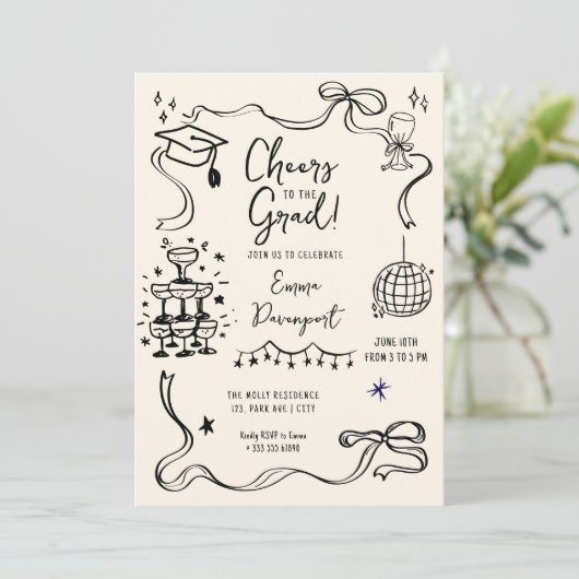 Whimsical doodle Afstudeerfeest Kaart (Staand voorkant)