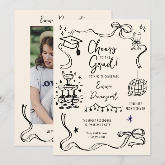 Whimsical doodle Afstudeerfeest Kaart (Voorkant / Achterkant)