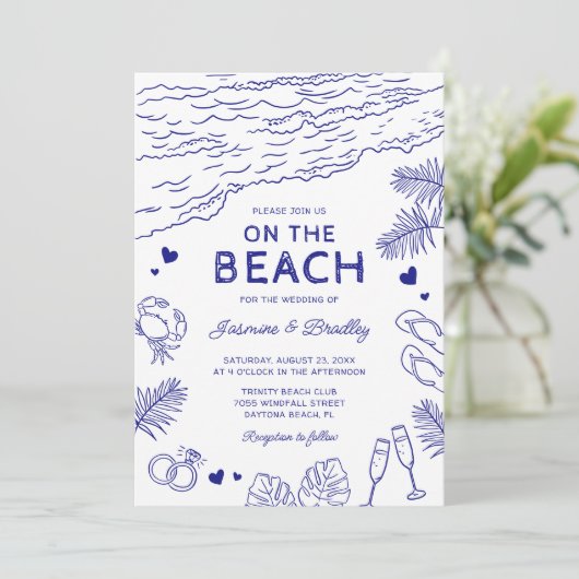 Whimsical Doodle Beach bruiloft Kaart (Staand voorkant)