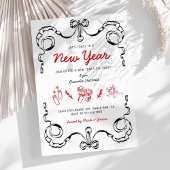 Whimsical Doodle Black en Red Nieuwjaarsfeest Kaart