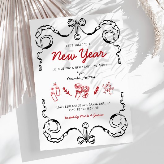 Whimsical Doodle Black en Red Nieuwjaarsfeest Kaart