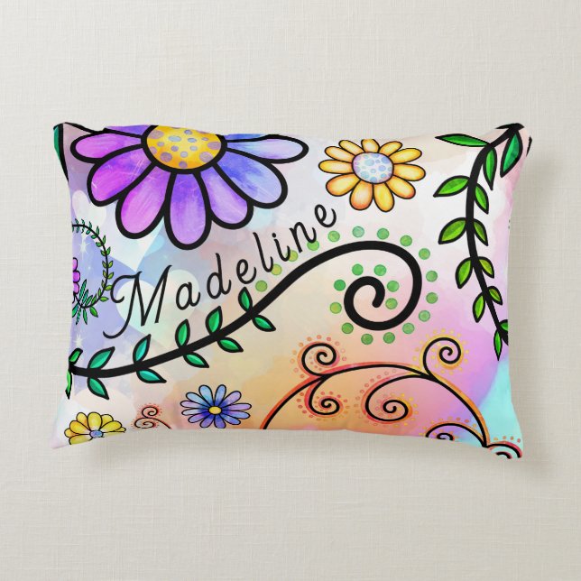 Whimsical, Doodle bloemen overal Accent Kussen (Achterkant)