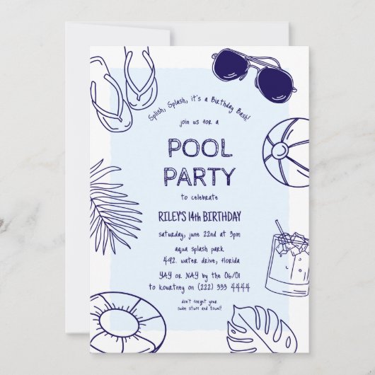 Whimsical Doodle Boy Pool Party Verjaardag Kaart (Voorkant)