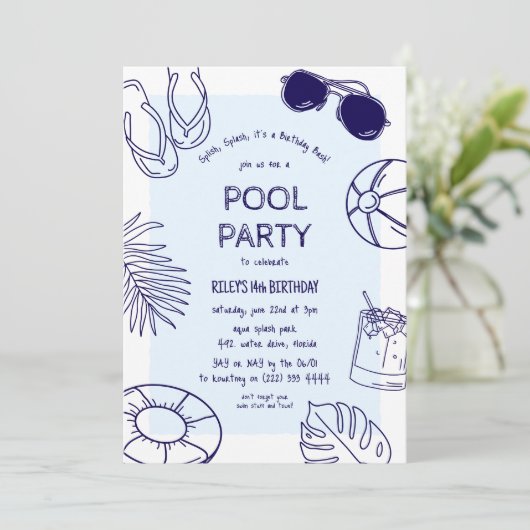Whimsical Doodle Boy Pool Party Verjaardag Kaart (Staand voorkant)