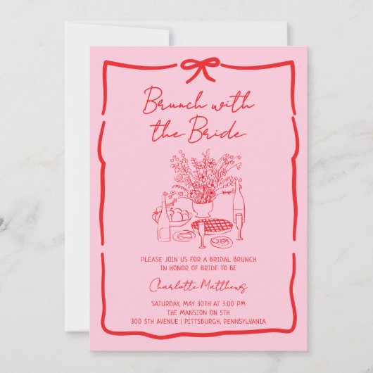 Whimsical Doodle Brunch met de Bruid Rood Roze Kaart (Voorkant)