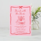 Whimsical Doodle Brunch met de Bruid Rood Roze Kaart (Staand voorkant)