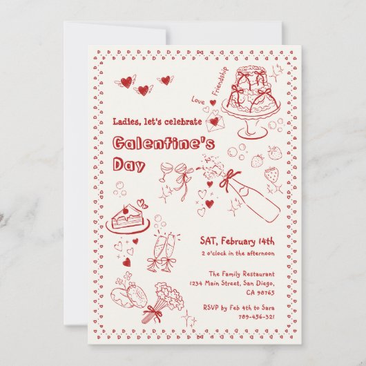 Whimsical Doodle Cake Flower Galentine's Day Party Kaart (Voorkant)