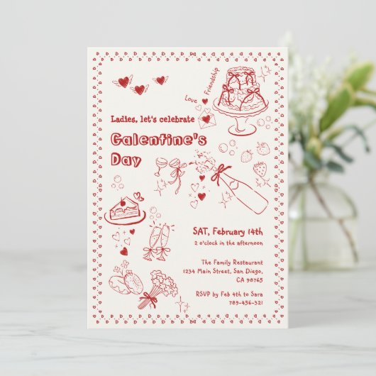 Whimsical Doodle Cake Flower Galentine's Day Party Kaart (Staand voorkant)
