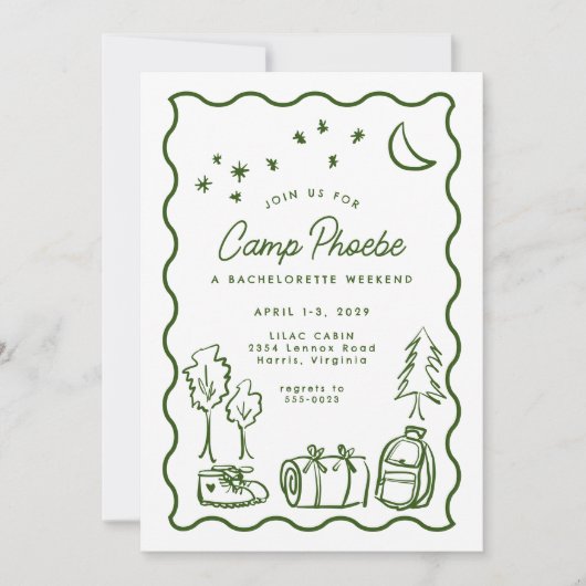 Whimsical Doodle Camp vrijgezellenweekend Kaart (Voorkant)