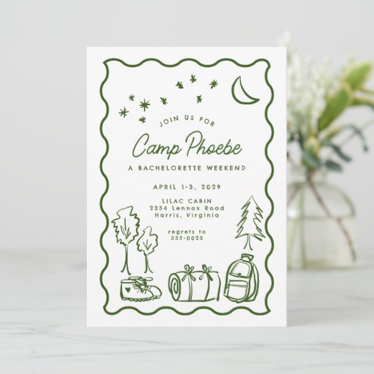 Whimsical Doodle Camp vrijgezellenweekend Kaart (Staand voorkant)